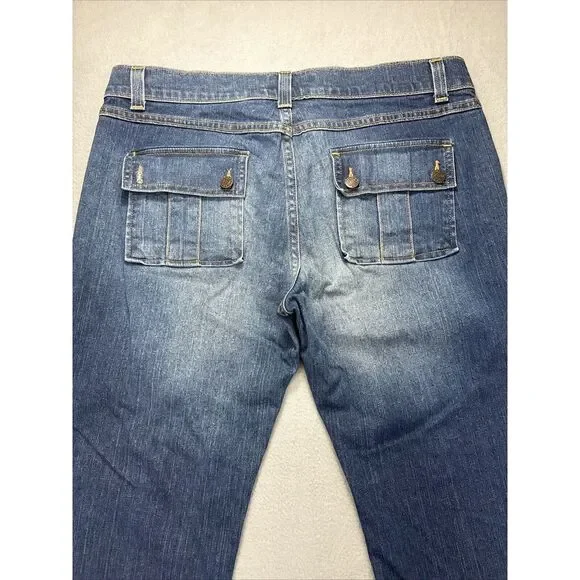 VTG OLD NAVY Jeans Womens 16 Stretch Flare Bootcut Flap Pockets Denim Faded Blue - Picture 10 of 15